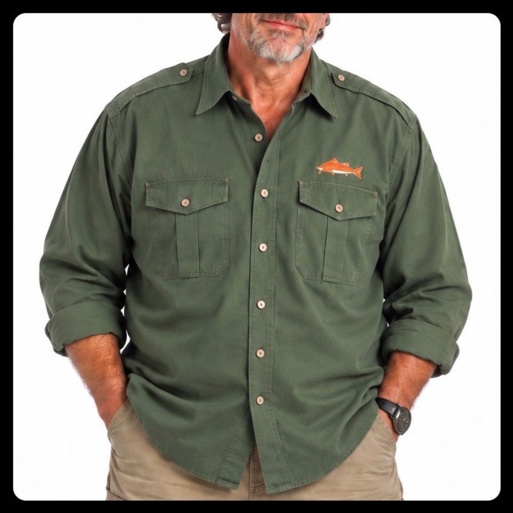 Vintage Bear Back Fishing Shirt Men 2XL Green Cotton Poly Embroidered Fish USA